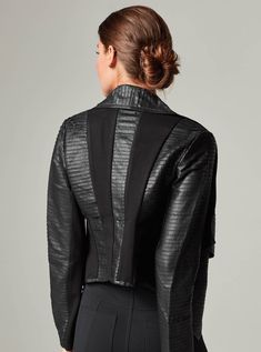 Strip Leather Drape Front – Blanc Noir Online Store Drape Front Jacket, Cotton Lycra Fabric, Girl Attitude, Women Lifestyle, Party Hairstyles, Be Bold, Up Styles, Black Fabric, Cool Girl