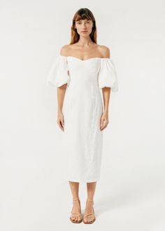 Linen Karima Off The Shoulder Midi Dress | White Puff Sleeve Dress With Straight Neckline For Brunch, Summer Puff Sleeve Dress With Straight Neckline For Brunch, Elegant Off-shoulder Puff Sleeve Dress For Garden Party, Summer Puff Sleeve Dress With Fitted Bodice For Daywear, Elegant Linen Puff Sleeve Dress, Fitted Puff Sleeve Dress With Straight Neckline For Summer, White Puff Sleeve Dress With Straight Neckline For Brunch, Fitted Linen Dress For Garden Party, Summer White Puff Sleeve Dress With Straight Neckline