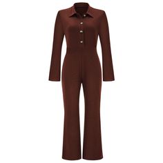 Women's Jumpsuits Lapel Button Long Sleeve Slim Fit Jumpsuit Fitted Collared Jumpsuit With Button Closure, Chic Jumpsuits And Rompers With Buttons For Fall, Fitted Collared Jumpsuits And Rompers With Buttons, Fall Long Sleeve Bodysuit With Button Closure, Fitted Solid Bodysuit With Button Closure, Fitted Bodysuit With Button Closure, Workwear Jumpsuits And Rompers For Fall, Elegant Solid Color Button-up Jumpsuit, Button Closure Jumpsuits And Rompers For Loungewear