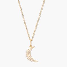 Shine like the moon with our Adeline Necklace. This vermeil necklace features a golden chain and a sparkling pave moon charm, adding a touch of celestial magic to any outfit! Available in 14k gold vermeil 1/2" moon with 1mm white topaz 18" cable chain with 2" extender Lobster claw closure SKU: BYN1486 Tennis Jewelry, Celestial Magic, Golden Chain, Moon Charm, Monogram Initials, White Topaz, Turquoise Jewelry, Birthstone Jewelry, Cable Chain