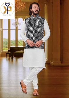 KPD2076 White Kurta Set With Black Designer Jacket This includes kurta(top), pyjama(bottom) and Vest/ Jacket Fine Quality and Soft on the skin. Kurta Material- Silk Cotton Pyjama Fabric-Silk Cotton Looks great in house warming parties, pooja and festival get togetherness Our Kurta Pyjama can be ordered in bulk in advance for your weddings, engagement ceremonies, dance shows or ethnic parties. If you do not find your size, Do Not Worry -We can get you custom sizes. Sizes available from 36(S),38(M Fitted Cotton Sets With Stand Collar, Cotton Long Sleeve Outerwear For Eid, Long Sleeve Cotton Outerwear For Eid, Casual Black Sets For Eid, Casual Cotton Nehru Jacket For Winter, White Cotton Long Sleeve Bandhgala, Fitted White Nehru Jacket For Fall, White Long-sleeve Cotton Bandhgala, White Long Sleeve Cotton Bandhgala