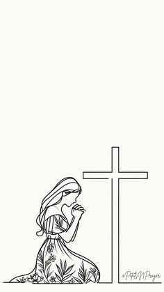 a black and white drawing of a woman kneeling in front of a cross