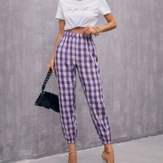 Purple & White Plaid Tapered Pants High Waist Strechy Waist & Ankles Cropped Length Non-Stretch Fabric 95% Polyester 5% Spandex Size Large (8-10) Measurements Pictured Above T#14 Wine Colored Pants, Purple Pants Outfit, Yellow Plaid Pants, Charcoal Blazer, Checked Pants, Chambray Pants, Camouflage Cargo Pants, Linen Joggers, Womens Chinos