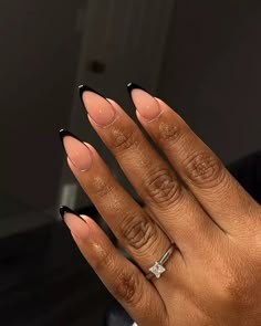 Black Tips Nail Designs, Almond Color French Tip Nails, Cute Nails For Fall Almond, Black French Tip Nails Almond Shape, Almond Nails With Black Tips, Almond Black Tip Nails, One Color Almond Nails, Black Almond French Nails, Black French Tips With Design