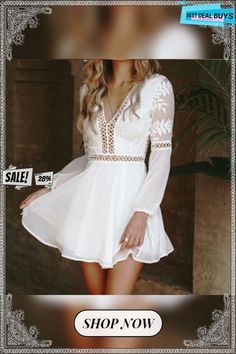 Women Chiffon White Long Sleeve Lace V-neck Long Sleeve Mini Dress Evening Cocktail, Short Mini Dress, Long Sleeve Mini, Mini Dress With Sleeves, Long Sleeve Mini Dress, Long Sleeve Lace, White Long Sleeve, Chiffon, Mini Dress