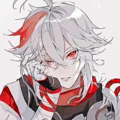 an anime character with white hair and red eyes talking on a cell phone while holding a snake in his hand