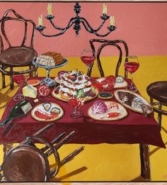 a painting of food on a table with wine glasses and candles in front of it