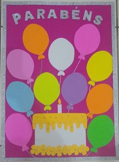 a birthday card with balloons and a cake on the table in front of it that says parabens