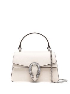 white calf leather grained texture crystal embellishment foldover top with tiger head closure single flat top handle detachable chain-link shoulder strap main compartment internal logo patch internal flap pocket cotton lining silver-tone hardware This piece comes complete with a protective dust bag. We've partnered with Good On You — an independent agency that rates how brands perform in relation to their impact on the planet, people and animals, with a multi-criteria rating simplified to a five Gucci Dionysus Mini, Gucci Mini, Planet People, Tiger Head, Mini Tote Bag, Mini Tote, Crystal Embellishment, Ballet Flat Shoes, Gucci Dionysus