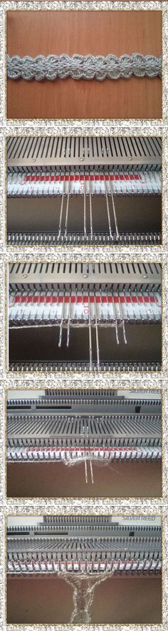 four different views of the inside of a building with metal beams and wires attached to it