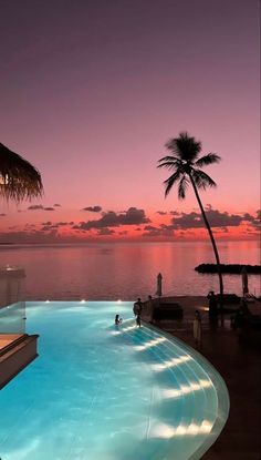 an empty swimming pool next to the ocean at sunset with palm trees in the foreground