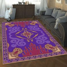 a living room with a purple rug on the floor