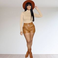 Made Of A Camel Faux Leather Material, These Shorts Feature A Top Button With Hidden Zipper Closure, Pleated Detailing, Belt Loops, And Functional Side Pockets. Material: 100 % Faux Leather Model Is Wearing Size M. Runs True To Size. High Waist Brown Shorts For Fall, Chic Brown Shorts For Fall, Fitted Brown Shorts For Fall, Brown Shorts For Workwear In Fall, Brown Shorts For Workwear And Fall Season, Brown Workwear Shorts For Fall, Trendy Brown Shorts For Workwear, Fitted Beige Shorts For Fall, Trendy Brown Workwear Shorts