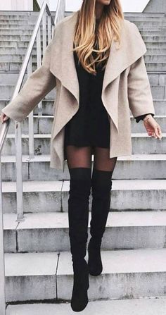 Outfit Ideas With Boots, Thigh High Boots Outfit, Knee Boots Outfit, High Boots Outfit, Black Knit Dress, Stylish Sweaters, Online Fashion Stores, Winter Fashion Outfits, Thigh High Boots