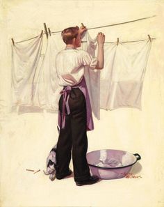 a painting of a boy hanging clothes on a line and looking at his laundry basket