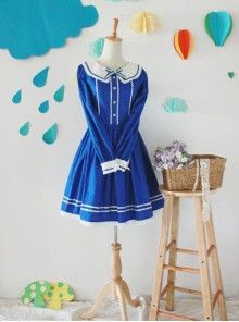 Sweet Lolita Dresses | Lolitain Blue Vintage Dress For Cosplay, Vintage Blue Dress For Cosplay, Vintage Blue Dress With Doll Collar, Blue Harajuku Dress With Ruffles, Blue Harajuku Style Dresses, Harajuku Style Blue Dress With Ruffles, Blue Kawaii Dress With Doll Collar, Blue Kawaii Doll Collar Dress, Cute Blue Cosplay Dress