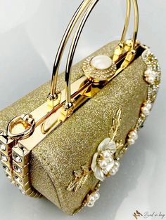 Bird in Bag - Exquisite Princess-Style Handbag: Spacious, Embellished with Metallic accents, Diamond Floral Design; Ideal for Evening Attire; Elegant and Refined Ladys Clutch Gold Wedding Bag With Gold-tone Hardware, Elegant Gold Embellished Bag, Gold Wedding Bags With Gold-tone Hardware, Embellished Top Handle Wedding Bag, Rectangular Embellished Bags For Celebration, Handheld Embellished Gold Bag, Gold Embellished Handheld Bag, Elegant Embellished Bags For Celebration, Embellished Gold Evening Bag