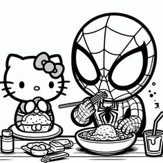 hello kitty and spiderman eating together at the dinner table coloring page for kids to color