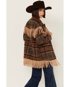 Model is 5'10" wearing a size small. 100% polyester. Hand wash cold. Spread collar. Hidden snap placket. Western yokes. Thrifted Fashion, Annie Oakley, Womens Tweed, Fringe Jacket, Bacardi, Thrift Fashion, Ski Trip, Style Mistakes, Plaid Print