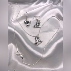 Adorable Silver Ice Skate Necklace & Earring Set. Nwot Silver Jewelry Sets With Matching Earrings For Valentine's Day, Valentine's Day Silver Jewelry Sets With Matching Earrings, Silver Heart-shaped Metal Jewelry Sets, Ice Skate, Necklace Earring Set, Ice Skating, Skating, Womens Jewelry Necklace, Earring Set