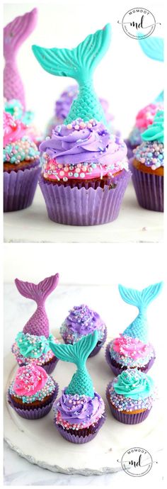 some cupcakes that are decorated like mermaid tails