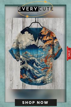 Men's Sea Of Clouds Japanese Art Linen Blend Casual Shirt Artistic Crew Neck Shirt For Summer, Artistic Short Sleeve Relaxed Shirt, Artistic Short Sleeve Relaxed Fit Shirt, Artistic Relaxed Fit Printed Tops, Artistic Cotton Summer Shirt, Artistic Short Sleeve Tops With Abstract Print, Long Sleeve Cotton Hawaiian Shirt With Graphic Print, Sea Of Clouds, Casual Shirt