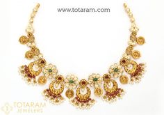 22 Karat Gold 'Lakshmi ' Necklace with Cz, Color Stones, Beads & Pearls (Temple Jewellery) Antic Jewellery, Temple Jewelry Necklace, Gold Leaf Pendant, Gold Finger Rings, Gold Temple Jewellery, Diamond Circle Pendant, Gold Leaf Necklace, German Silver Jewelry, Silver Jewellery Indian