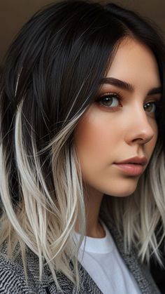 Adding Extensions To Short Hair, Dark Hair With White Streak, Black On Top Blonde Underneath, Black And Blonde Hair Short, Short Black And White Hair, Black Hair With Blonde Peekaboos, Black And White Hair Color, Black Hair With Blonde Front Pieces, Halo Dyed Hair