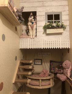 a cat sitting on top of a doll house