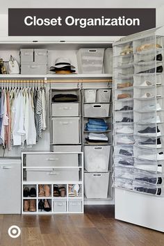 an organized closet with clothes and shoes