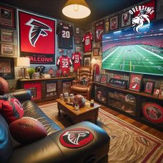 a sports themed living room with football memorabilia