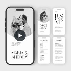 an iphone case is shown with the wedding program on it and two different phone cases