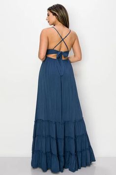 Halter style Crochet Maxi Dress in Navy This dress features an open back with tie back and adjustable spaghetti straps. The crochet detail sets this dress apart. It will quickly become your go to vacation dress. Casual Beach Dresses With Lace-up Back, Summer Strappy Maxi Dress For Brunch, Beach Dresses With Spaghetti Straps And Lace-up Back, Sleeveless Sundress With Lace-up Back For Vacation, Beach Halter Neck Backless Dress With Lace-up Back, Halter Neck Backless Dress With Lace-up Back For Beach, Sleeveless Smocked Back Backless Beach Dress, Sleeveless Smocked Back Backless Dress For Beach, Summer Backless Dress With Adjustable Straps For Brunch