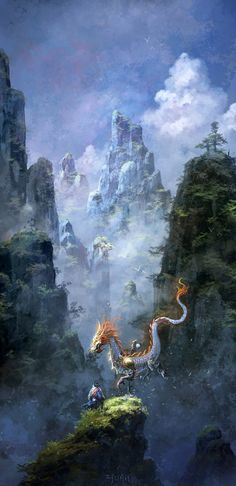 a painting of a dragon in the middle of a mountain range with fog and clouds