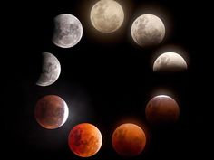 the phases of the moon are shown in this photo, with different colors and sizes