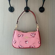 Color: Pink Material: Leather Size: 9 1/2" (L) X 6" (H) X 3" (W) Removable And Adjustable Shoulder Strapl Bags Coach, Underarm Bag, Cherry Print, Coach Handbags, Coach Bags, Purses And Handbags, Shoulder Bags, Dust Bag, Limited Edition