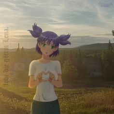 a girl with purple hair and green eyes standing in front of a grassy field at sunset