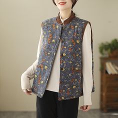 Autumn Winter Floral Vest Jacket Cotton And Linen Loose Large Size Retro Versatile Casual Quilted Oversized Waistcoat, Waistcoat Top, Jacket 2022, Fashion Maternity, Jackets Vintage, Floral Vest, Floral Vests, Winter Floral, Floral Jacket