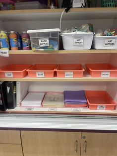 the shelves have bins with labels on them