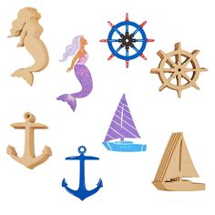 wooden cutouts with different types of sea animals and ships on them, including a mermaid