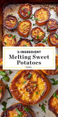 an image of baked sweet potatoes on a baking sheet with the title 3 ingredient melting sweet potatoes