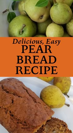 a loaf of bread on a plate with pears in the background