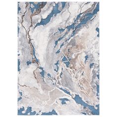 a blue and white rug with an abstract design on the bottom, it is made from marble