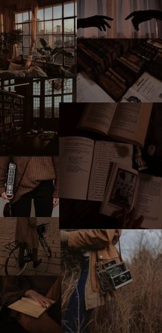 a collage of photos with an open book