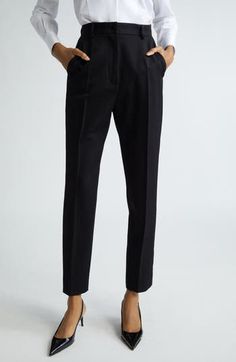 Inspired by the rich imagery of 1960s Sicily, these wool-blend gabardine trousers boast a clean, tailored silhouette and straight legs cropped at the ankle. Zip fly with button closure Front slant pockets; back welt pockets 89% virgin wool, 9% silk, 2% polyester Dry clean Made in Italy Designer Clothing Formal Spring Bottoms With Straight Silhouette, Formal Straight Silhouette Bottoms For Spring, Spring Wool Pants With Tapered Leg, Spring Wool Tapered Leg Pants, Fitted Bottoms With Straight Silhouette For Spring, Wool Dress Pants For Business Casual, Spring Season, Wool Dress Pants For Business Casual In Spring, Spring Wool Dress Pants For Workwear, Elegant Straight Leg Office Pants