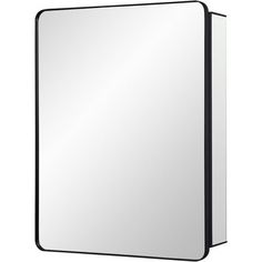 a mirror that is sitting on top of a wall mounted cabinet with a black frame