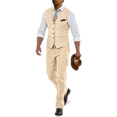 Category:Linen Suits; Season:Spring,Summer; Fabric:Linen; Front Closure:Single-Breasted Buttons; Includes:Vest,Pants; Occasion:Wedding; Fit Type:Tailored Fit; Jacket Vents:Single (Center); Vest Buttons:5; Pattern:Solid Colored; Neckline:V Neck; Listing Date:03/22/2024; Production mode:External procurement; Pant Length:null; Pants Waist:null; Shoulder Width:null; Sleeve Length:null; Bust:null; Height:null; Weight (kg):null; Hips:null; Clothing Length:null; Number of Pieces:2 Piece; Design:Classic Linen Suits, Wedding Linens, Color Champagne, Wedding Men, Primavera Estate, Blue Sky, Champagne, Spring Summer, Sleeve Length