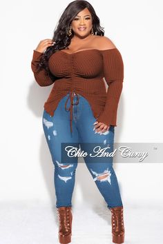 Final Sale Plus Size Ribbed Off the Shoulder Bell Sleeve Top in Brown – Chic And Curvy Black Woman With Blonde Hair, Plus Size Fashion For Women With Belly, Big Belly Outfits Plus Size, Pleaded Skirt, New Year’s Eve Outfit, Plus Zise, Plus Size Looks, Plus Size Fashion Tips, Chic And Curvy