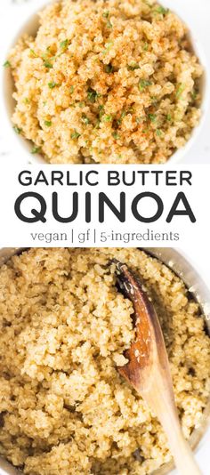 garlic butter quinoa in a white bowl with a wooden spoon next to it