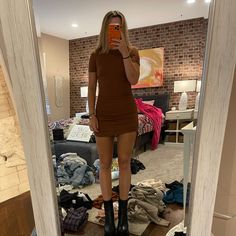 Cute And Super Flattering Dress, Can Adjust Length On Sides! Casual Brown Stretch Bodycon Dress, Brown Short Sleeve Mini Dress For Night Out, Brown Fitted Mini Dress, Brown Fitted Mini Dress Casual Style, Casual Fitted Brown Mini Dress, Casual Brown Bodycon Dress, Casual Orange Mini Bodycon Dress, Casual Brown Bodycon Dress For Date Night, Zara Brown Mini Dress For Day Out